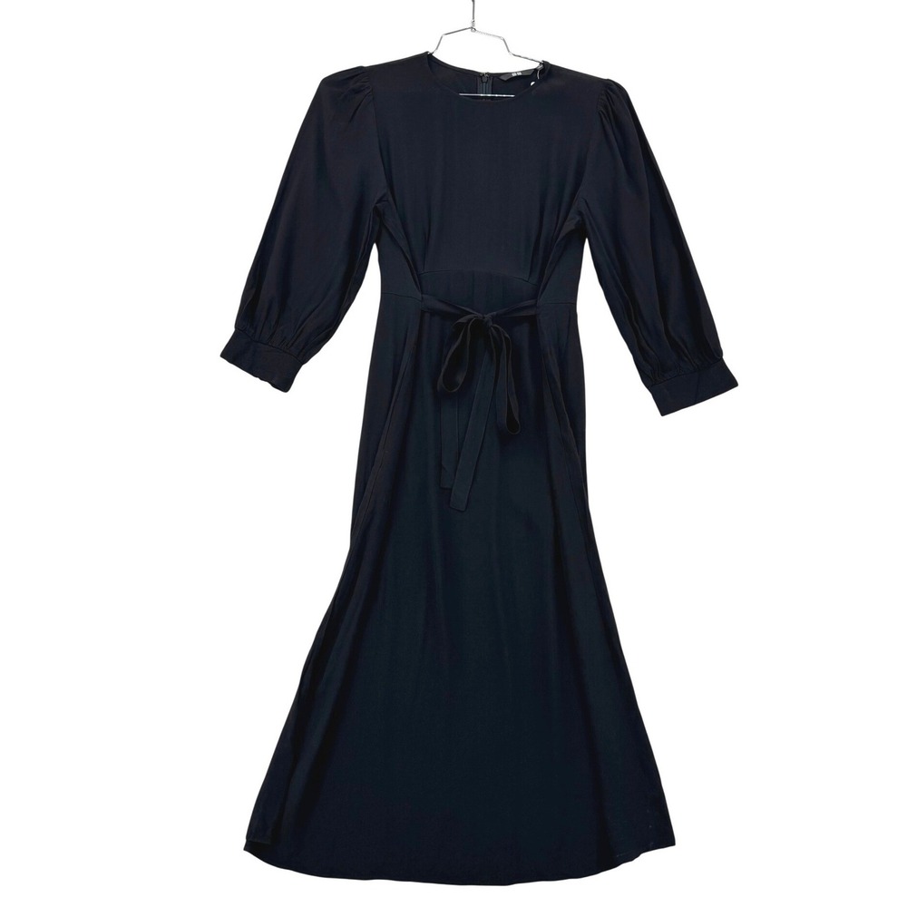 UNIQLO Flare Dress Women S Black NEW 3/4 Sleeve Rayon Midi Tie Waist Pockets